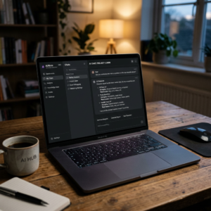 Laptop displaying AI chat interface with project market analysis and chat threads